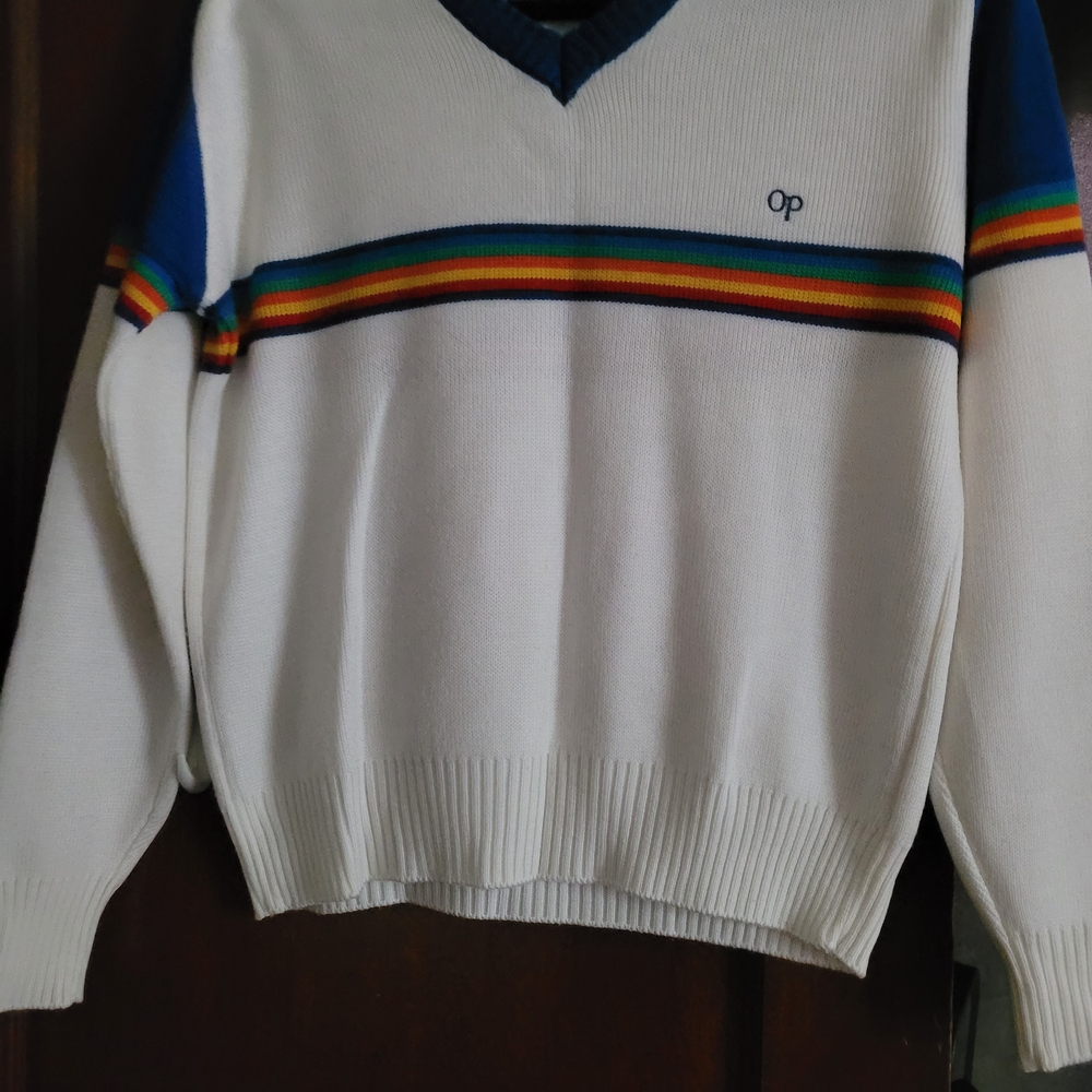 Op Men's White Sweater with Rainbow Stripes